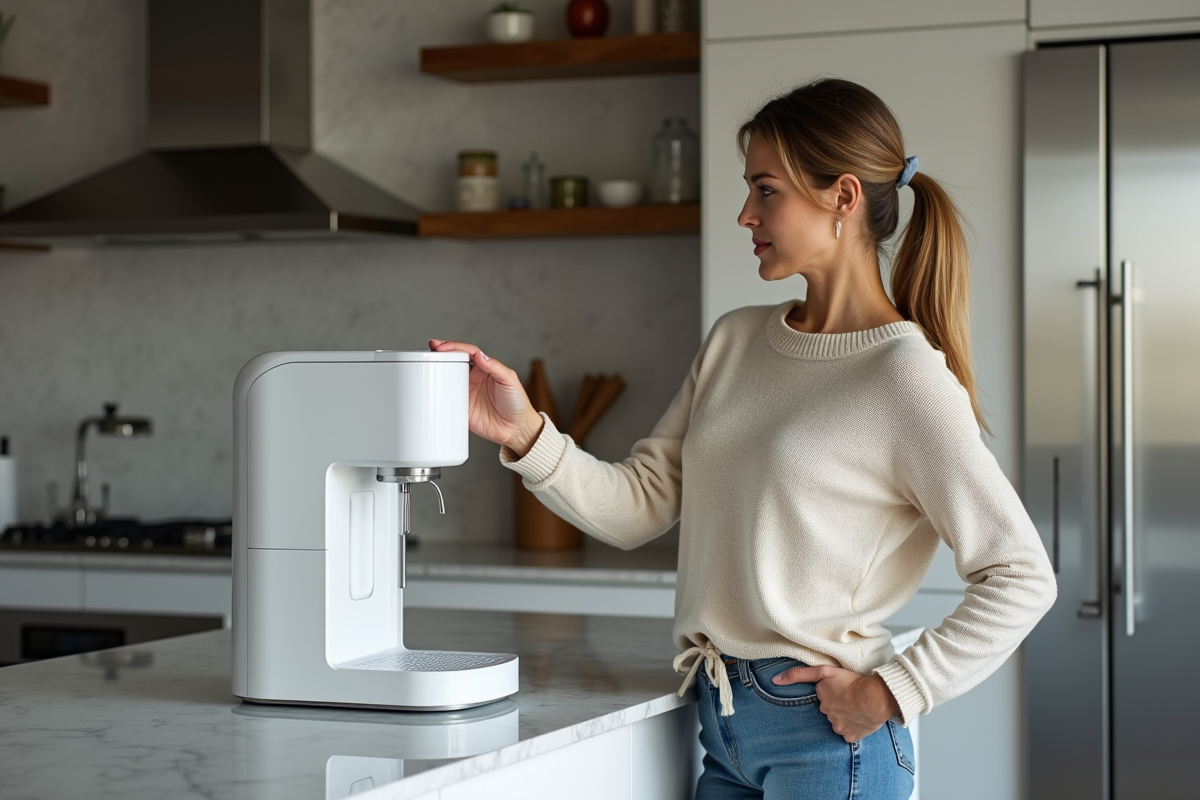 Femme inspectant un purificateur d'eau moderne dans la cuisine