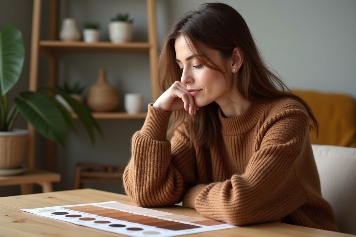 Femme assise touchant des échantillons de marron dans un salon chaleureux