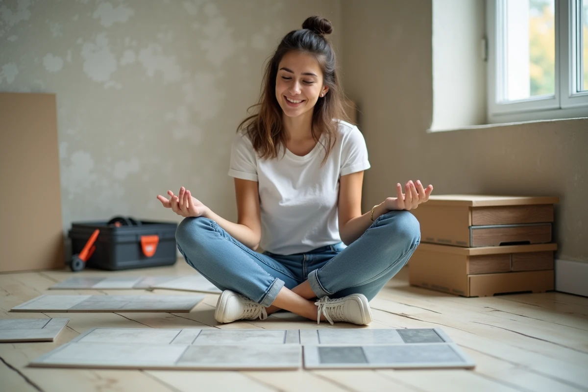 Jeune femme examinant des &eacute;chantillons de tuiles dans son salon