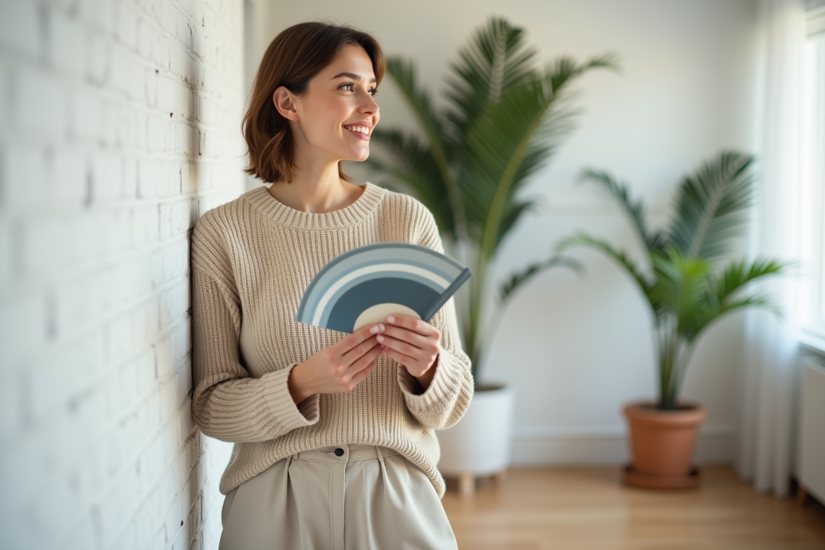 Femme souriante tenant des échantillons de peinture dans un salon moderne