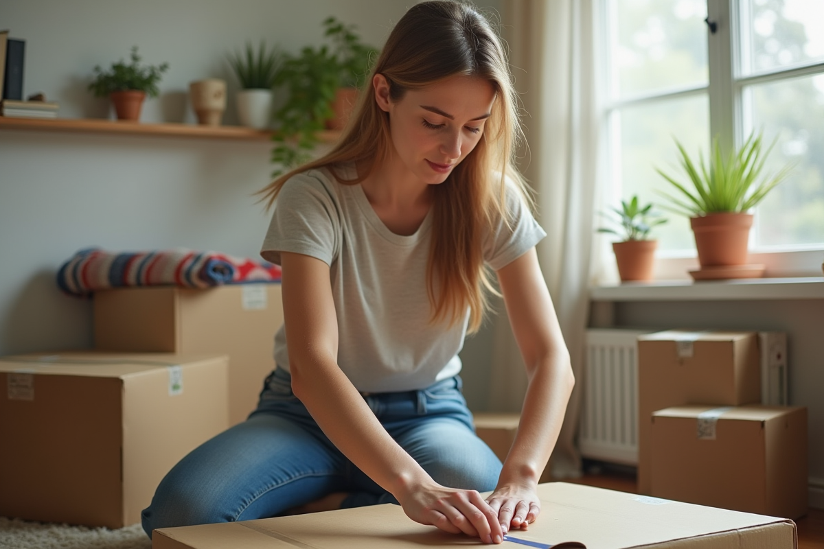 Jeune femme emballant des cartons dans un salon lumineux