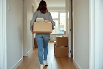 Femme emménageant dans un nouvel appartement avec des cartons de déménagement