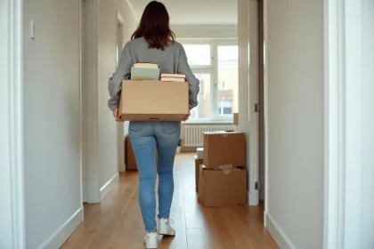 Femme emménageant dans un nouvel appartement avec des cartons de déménagement