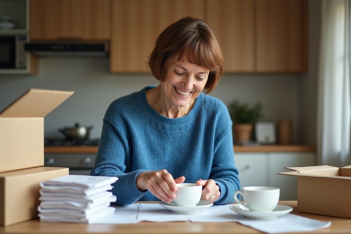 Femme emballant une tasse en porcelaine dans une cuisine chaleureuse