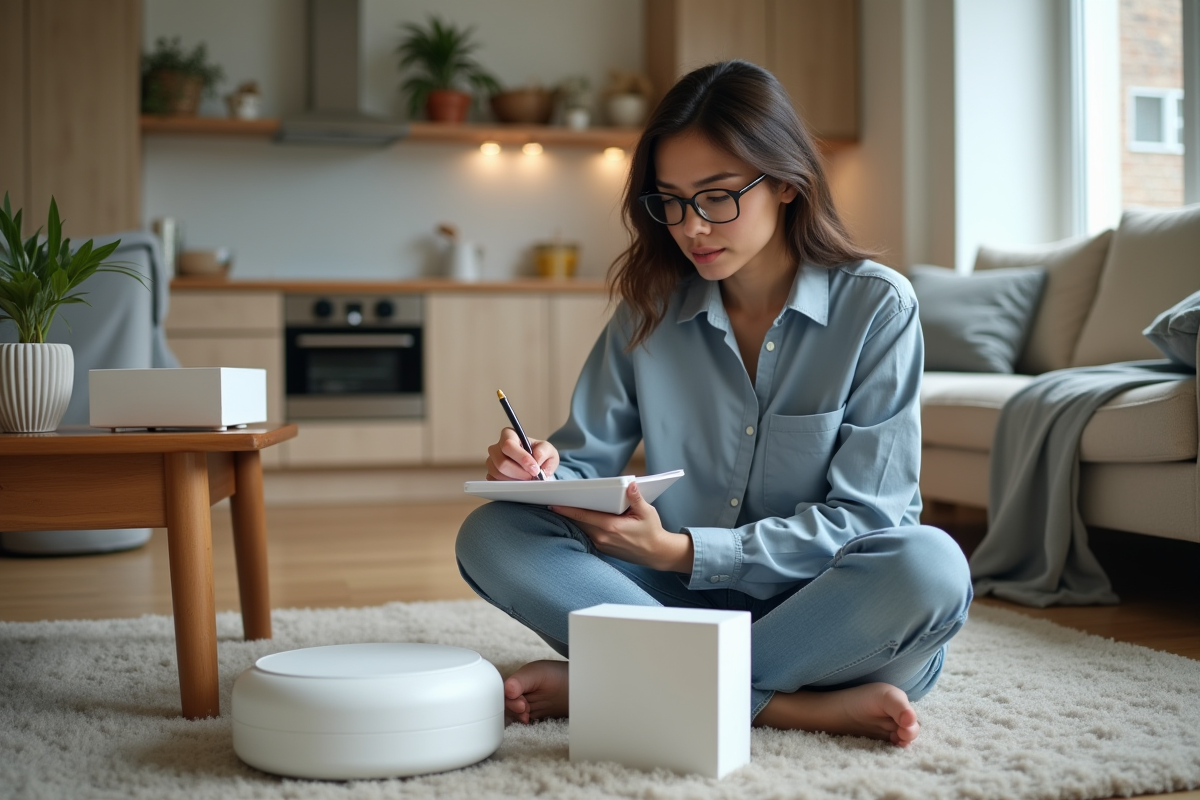 Femme comparant des hubs domotiques dans un appartement lumineux