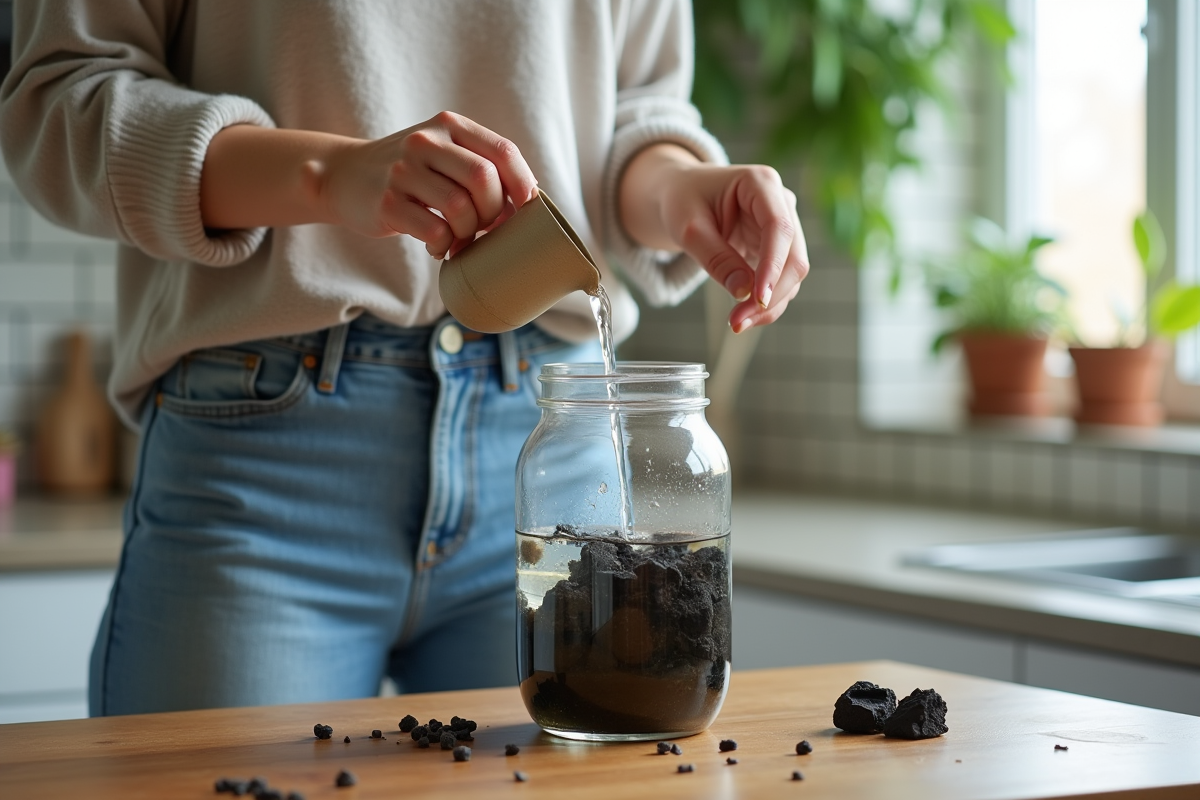 Jeune femme filtre de l'eau dans une cuisine lumineuse