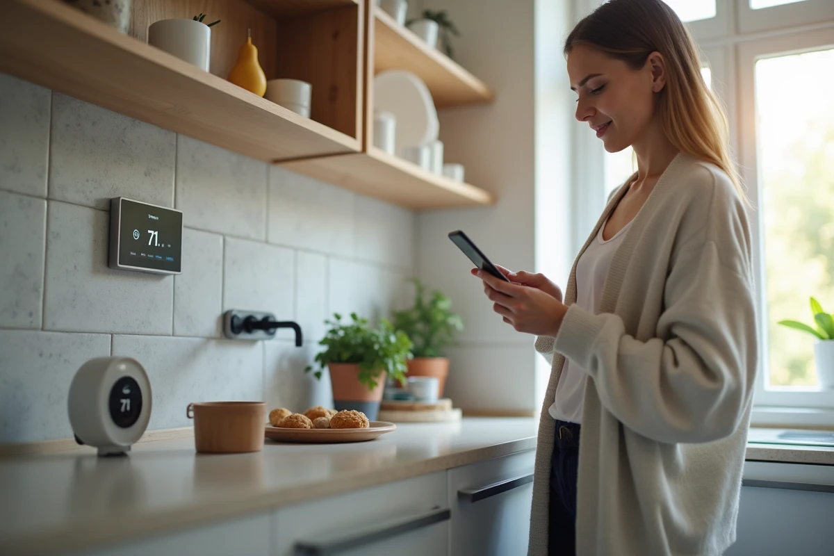 Jeune femme configurant un panneau de contr&ocirc;le domotique dans la cuisine