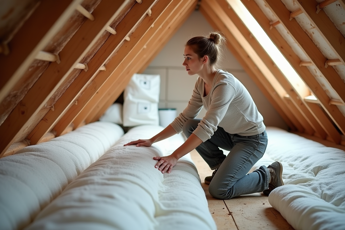 Femme installant une isolation dans un grenier
