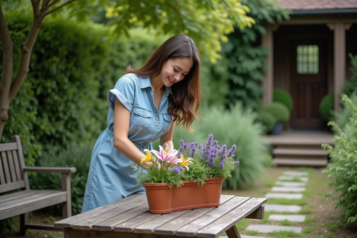 Jeune femme arrangeant des fleurs dans un jardin rustique