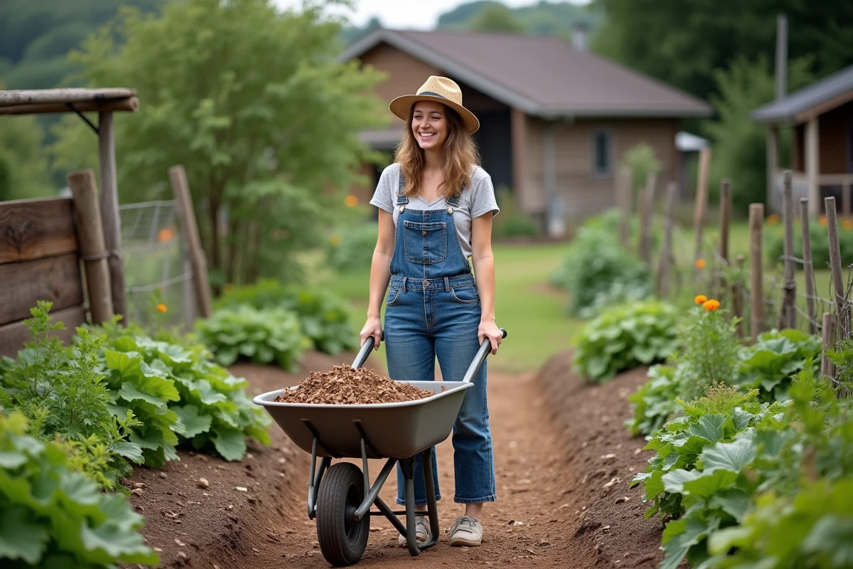 Jeune femme en salopette avec brouette dans le jardin bio