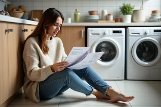 Femme cherchant des documents dans une buanderie moderne