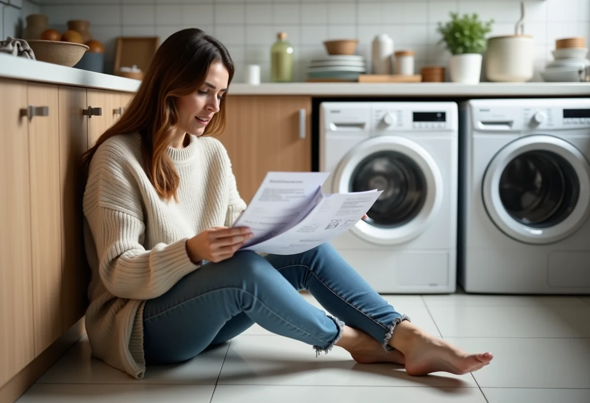 Femme cherchant des documents dans une buanderie moderne
