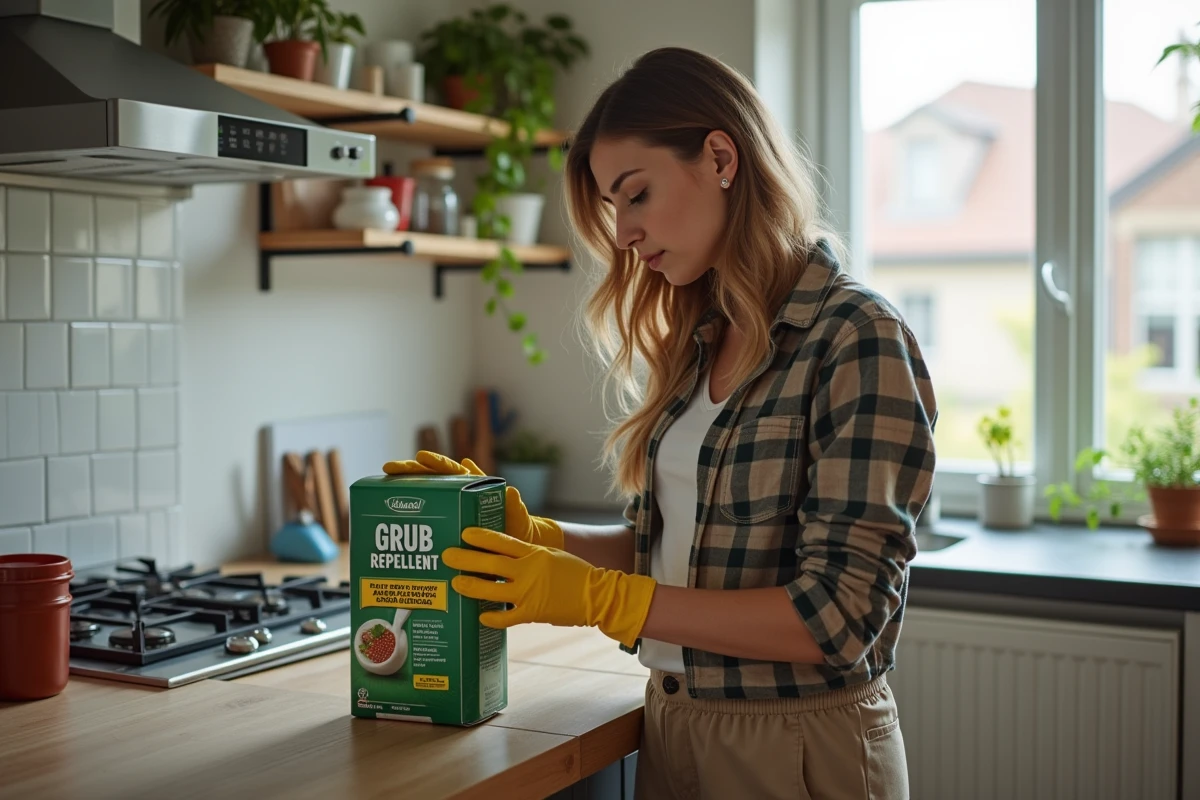 Jeune femme lit une bo&icirc;te de r&eacute;pulsif &agrave; grubs dans sa cuisine