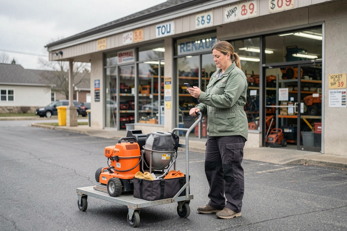 Femme récupérant des outils loués devant une boutique de location de matériel de travaux à petit prix