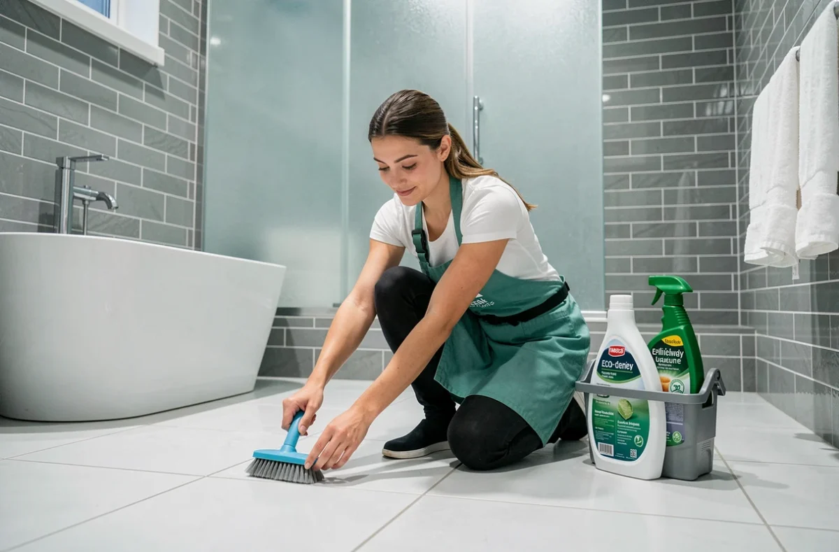 Femme de ménage professionnelle nettoyant le carrelage d'une salle de bain moderne avec des produits écologiques