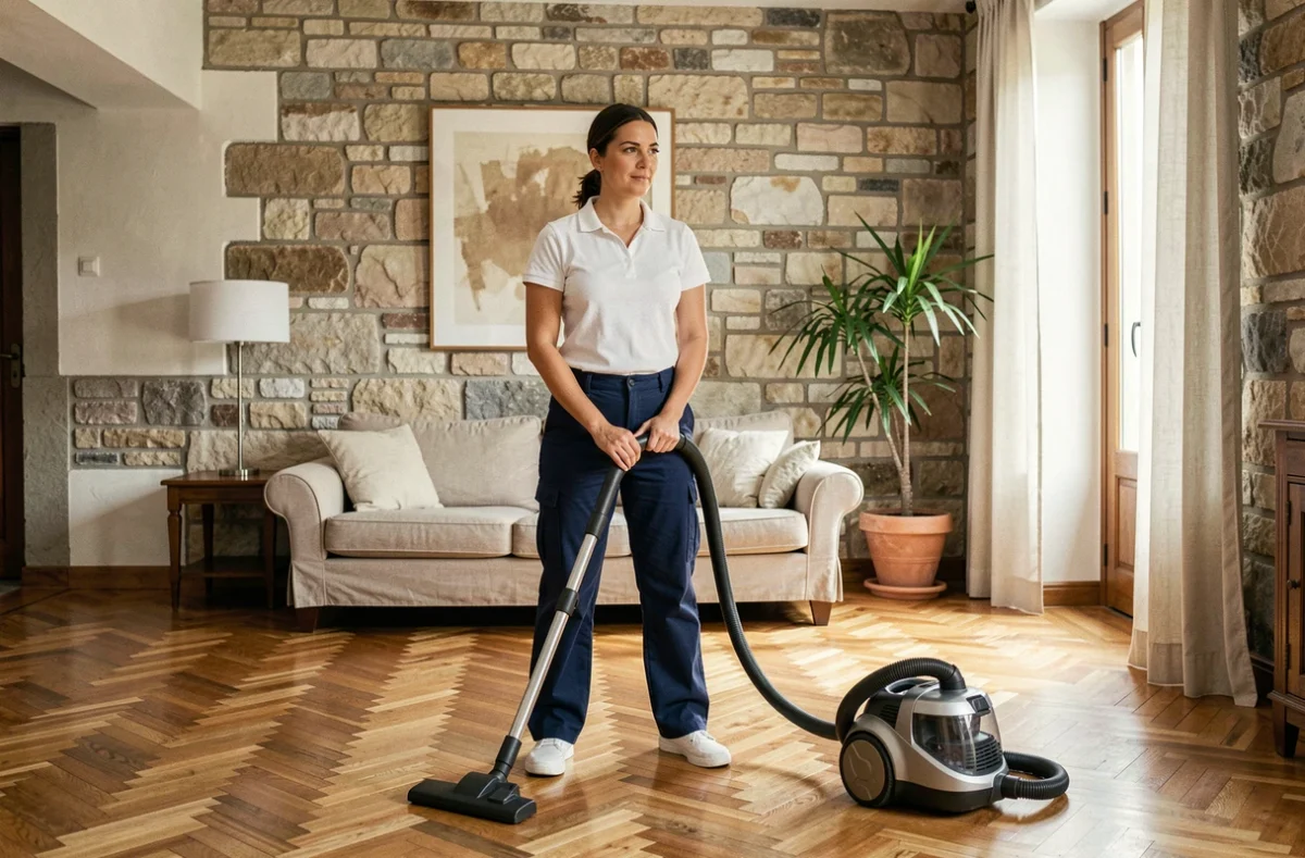 Femme de ménage passant l'aspirateur dans un salon élégant avec parquet et mur en pierre à Bordeaux