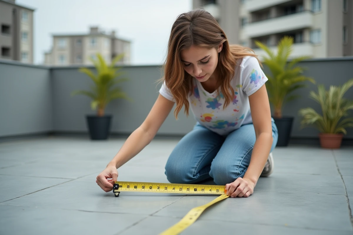 Jeune femme mesurant une terrasse en b&eacute;ton avec un ruban