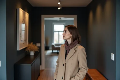 Femme &eacute;l&eacute;gante en manteau beige dans une entr&eacute;e moderne