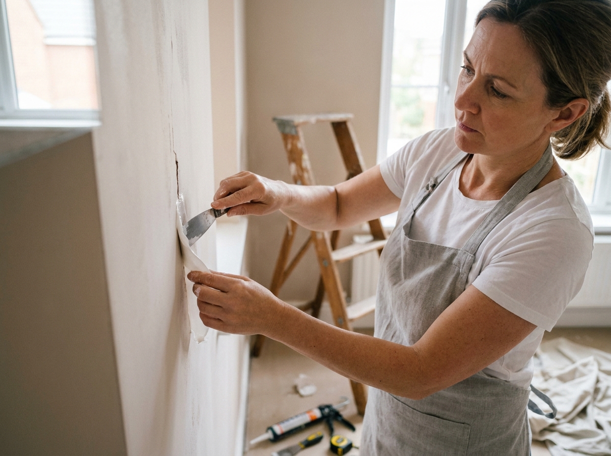 Femme appliquant du moulage sur une fissure murale dans un salon, travaux de rénovation maison simples et accessibles