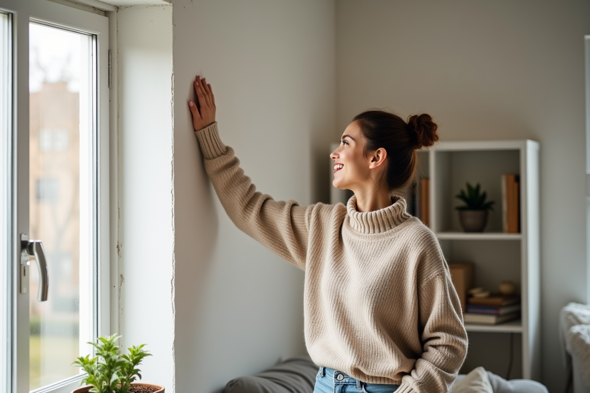 Femme souriante touchant un mur en pl&acirc;tre dans son salon