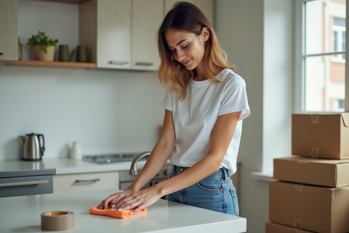 Femme nettoyant un plan de cuisine lors d'un déménagement