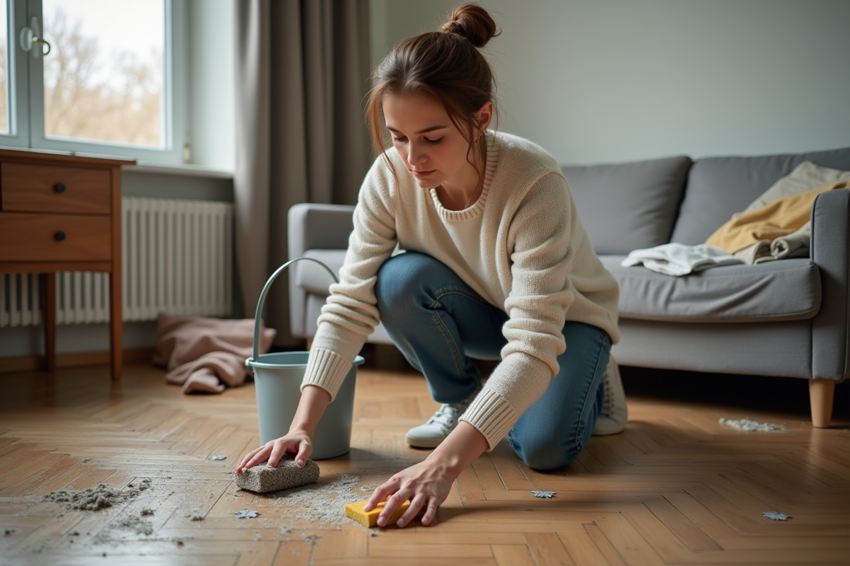 Femme en jeans nettoyant un parquet sale avec une éponge