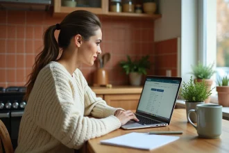 Femme utilisant un outil de budget maison sur ordinateur portable dans une cuisine chaleureuse et bien organisée