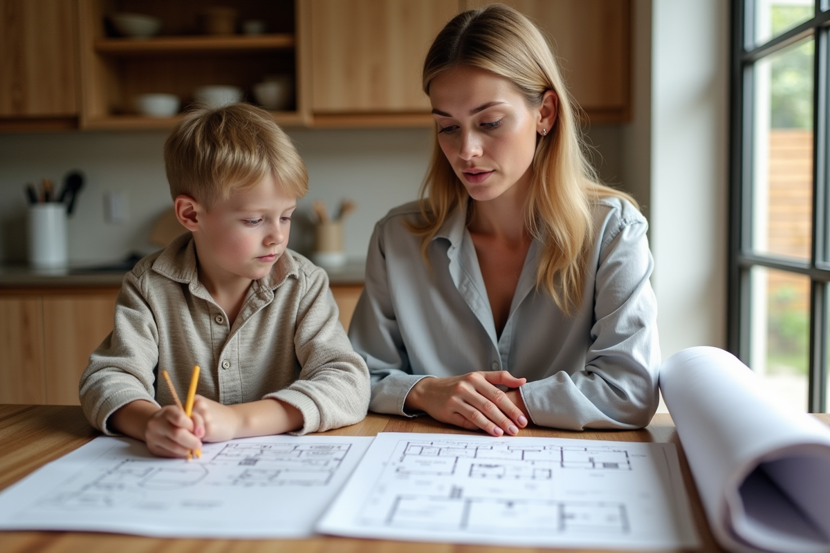 Femme et enfant regardant des plans dans la cuisine