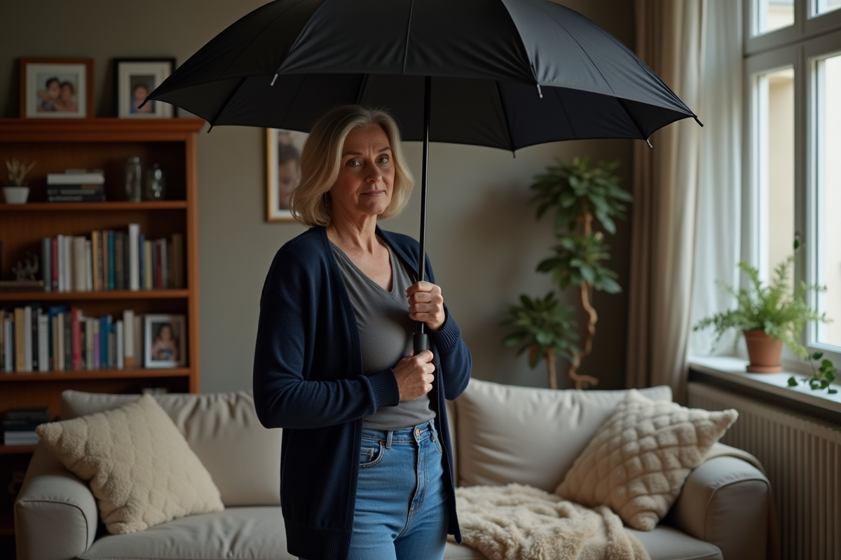 Femme d'âge moyen avec parapluie dans un salon parisien
