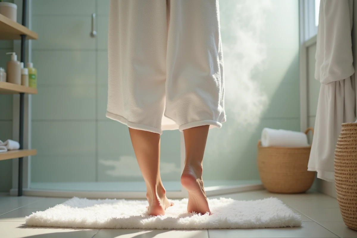 Femme en peignoir posant le pied sur un tapis de bain diatomite dans une salle de bain du quotidien