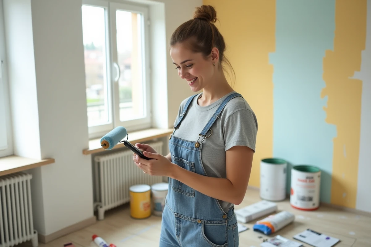 Jeune femme souriante avec rouleau de peinture dans une pi&egrave;ce en travaux