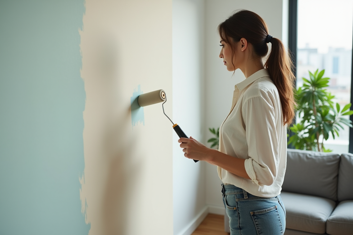 Femme peignant un mur de salon avec une couleur tendance