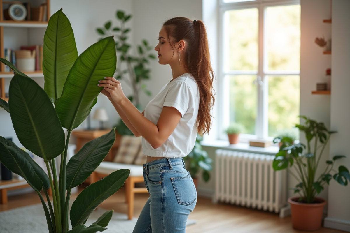 Jeune femme en blanc et jeans avec plante verte lumineuse