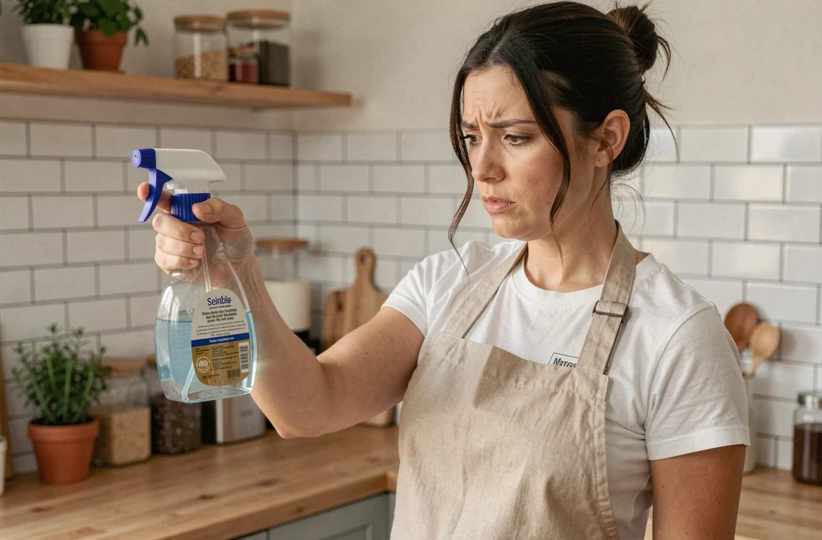 Femme lisant l'étiquette d'un produit ménager potentiellement dangereux dans une cuisine moderne