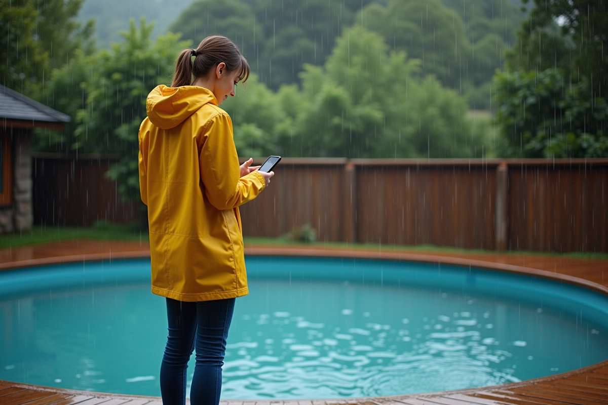 Femme en imperm&eacute;able jaune observe la piscine sous la pluie