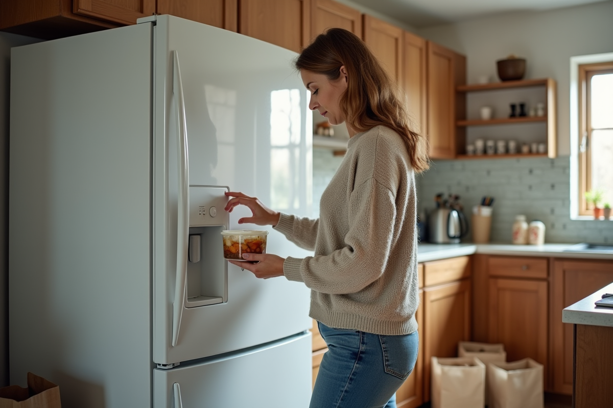 Femme transférant des restes dans un frigo moderne en cuisine