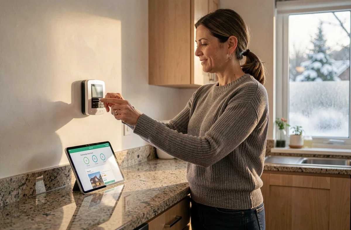 Femme réglant le thermostat de sa pompe à chaleur depuis la cuisine en hiver