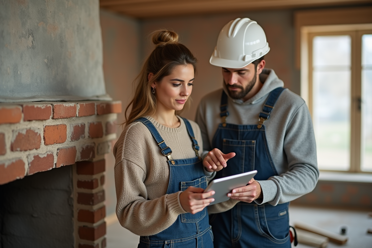 Jeune femme examinant un devis avec un entrepreneur sur un chantier