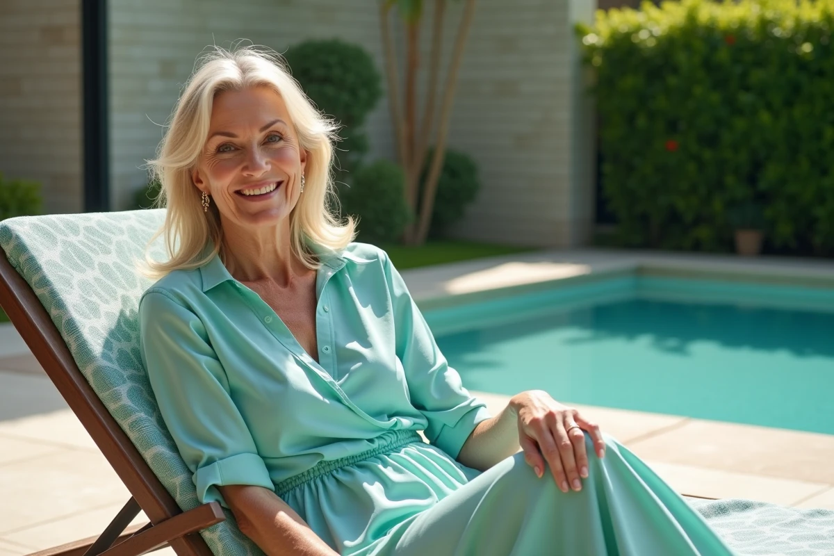 Femme souriante en robe teal près de la piscine