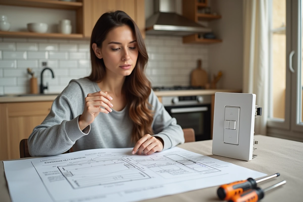 Femme consultant un schéma de branchement pour installer un bouton poussoir Legrand dans sa cuisine