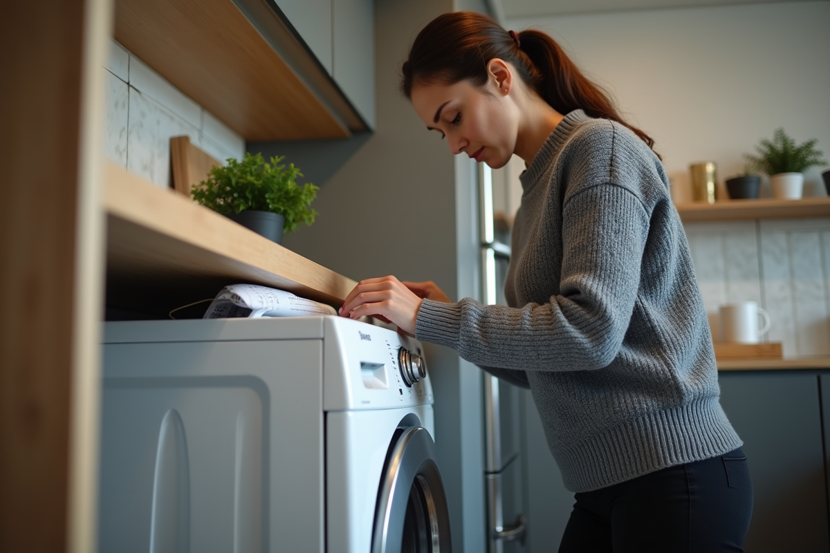 Jeune femme fixant les boulons de transport sur une machine &agrave; laver