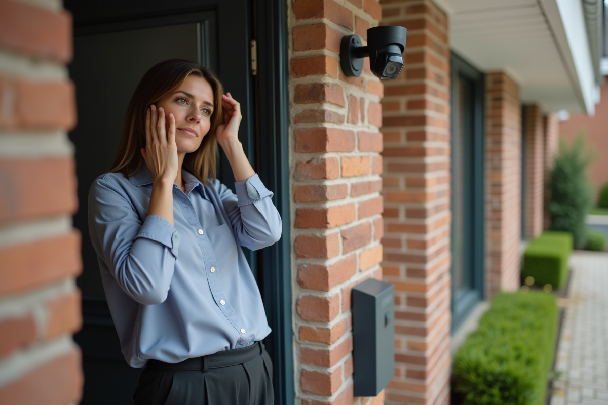 Femme ajustant une caméra de sécurité devant sa maison