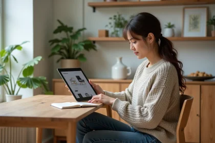 Femme regardant des avis sur un meuble en ligne dans une cuisine lumineuse