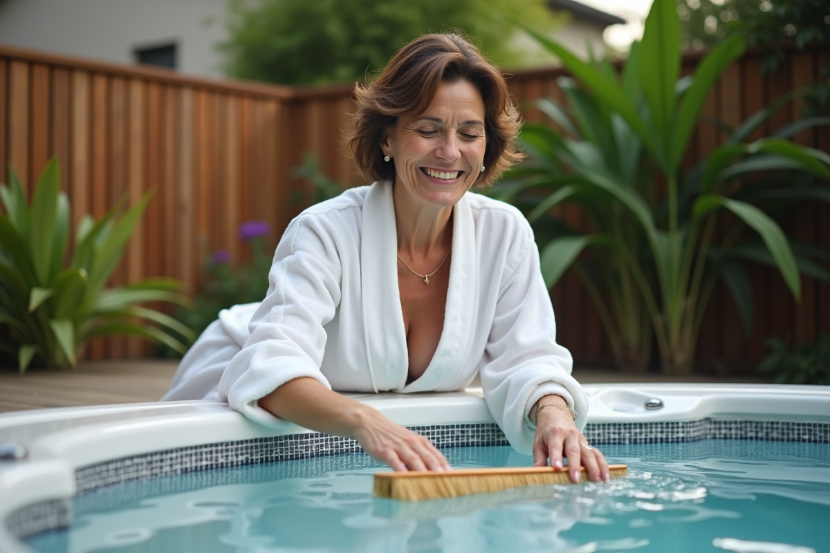 Femme souriante en peignoir nettoyant spa extérieur
