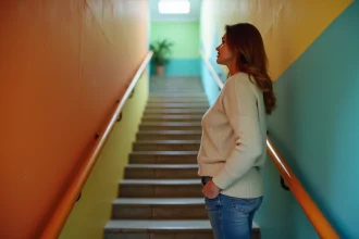 Femme d'âge moyen examine un mur peint dans un escalier intérieur
