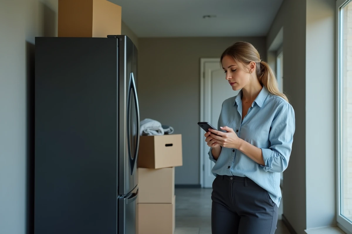 Femme consultant son téléphone dans un couloir d'appartement avec un réfrigérateur noir déplacé et des cartons de déménagement