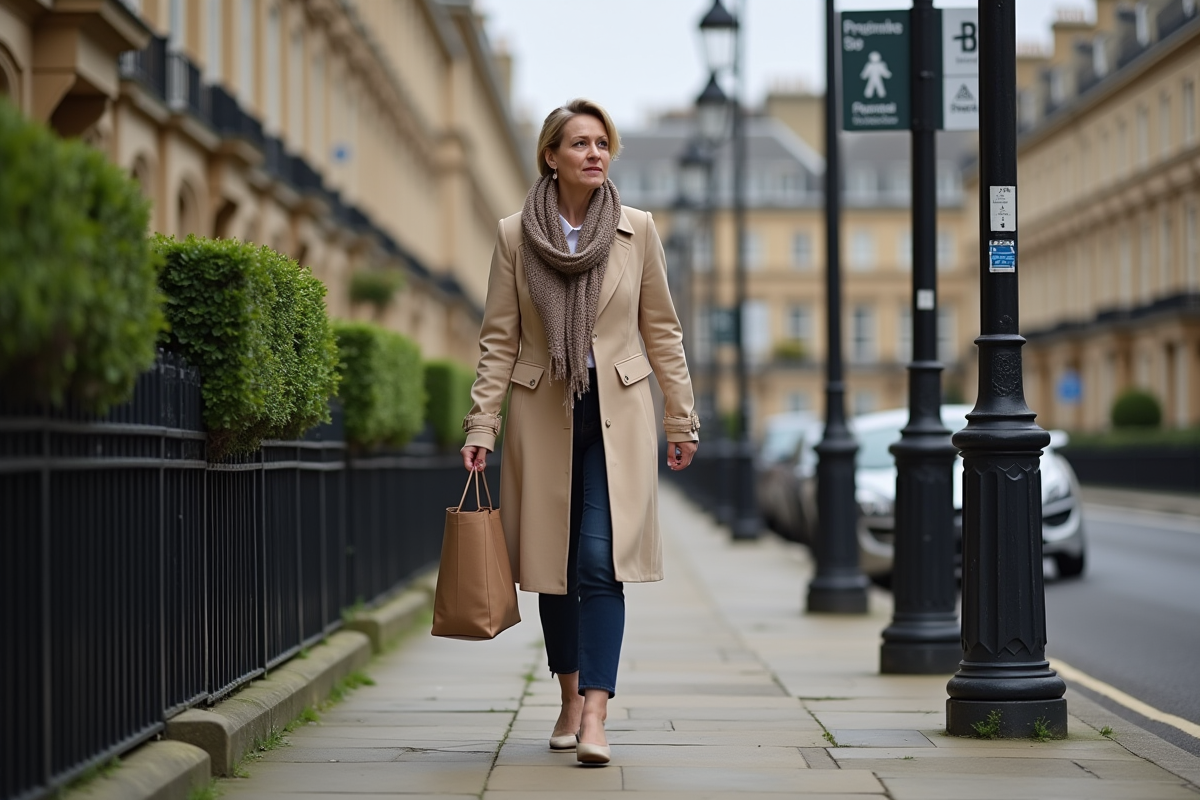 Femme en trench beige marchant dans la ville