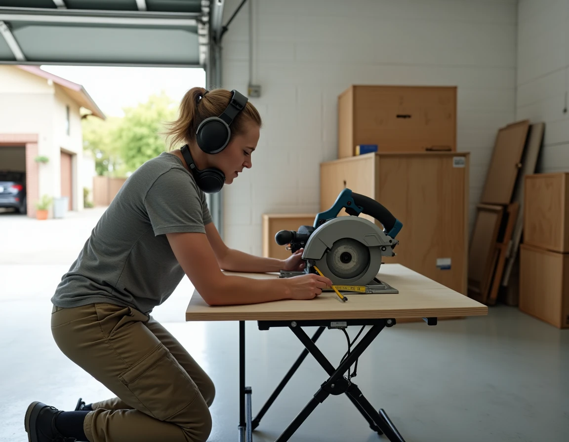 Femme bricolant avec une scie circulaire Parkside dans un garage domestique, mesurant une planche en bois