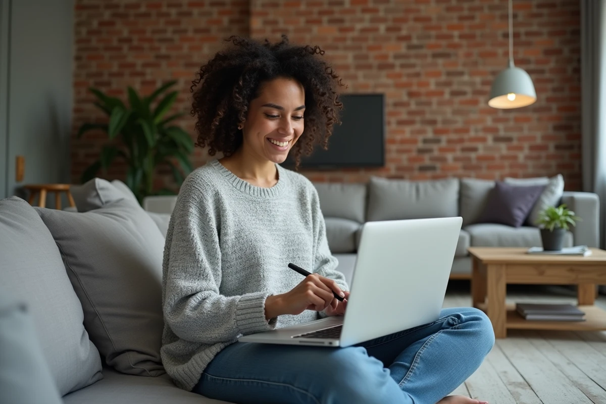 Femme vérifiant une source de téléchargement sécurisée pour Kozikaza sur un canapé moderne