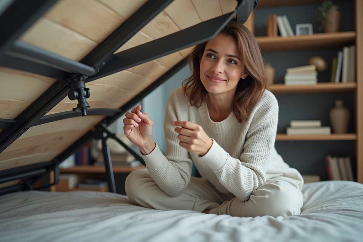 Femme regardant le v&eacute;rin hydraulique d